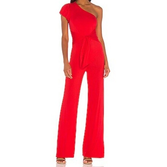 Lovers Friends Bethany Jumpsuit Small Red Women 1 Shoulder Front Tie Belt & Zip - Picture 2 of 15